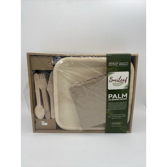 Smileaf Palm Leaf Squeare Plates,Forks, Spoons And Knives Pack 25 Each NEW - Picture 1 of 3